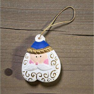 Vintage Santa Face Christmas Ornament Clay Hand Painted Head White Gold Blue
